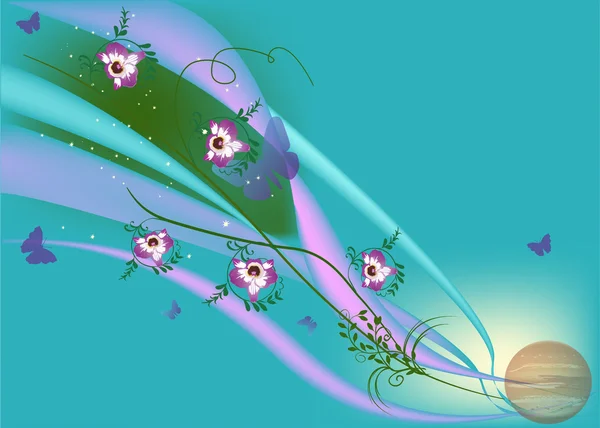 Λιλά orchid λουλούδια και πεταλούδες του μπλε — Διανυσματικό Αρχείο