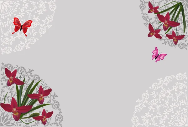 Röd orkidéer och fjärilar på grå — Stock vektor