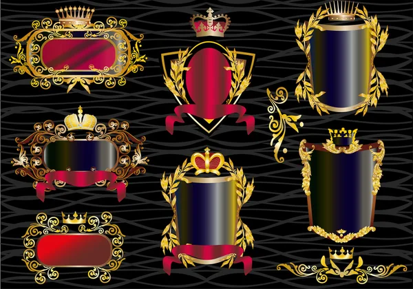Conjunto de marcos rizados dorados decorados con coronas — Vector de stock
