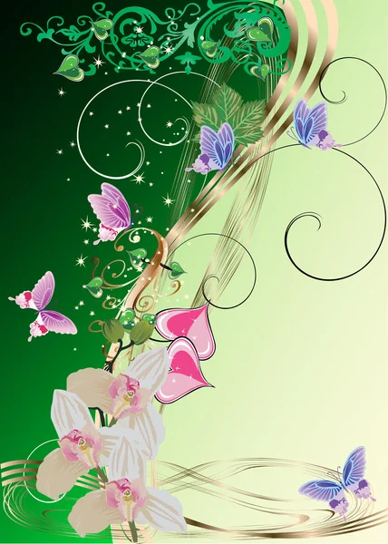 Orquídeas y cinco mariposas en verde — Vector de stock