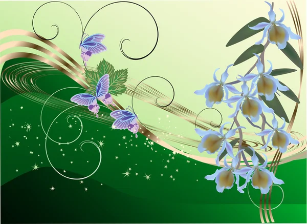 グリーン ライトの青い orchidsand 蝶 — ストックベクタ