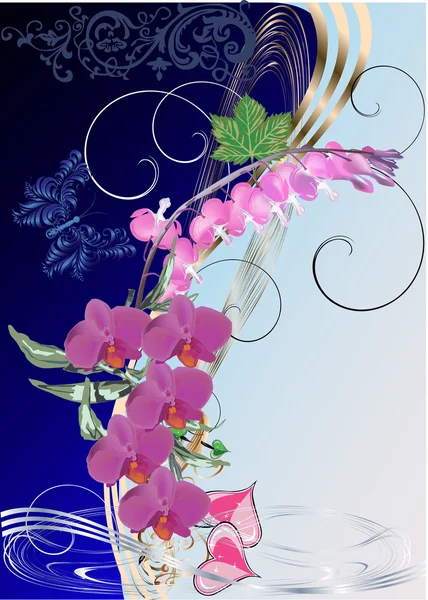 Rosa Orchideenrolle auf blau — Stockvektor