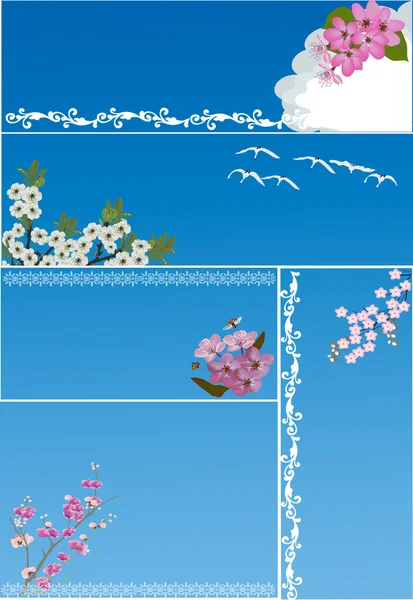 Illustration mit Blumen und weißen Vögeln — Stockvektor