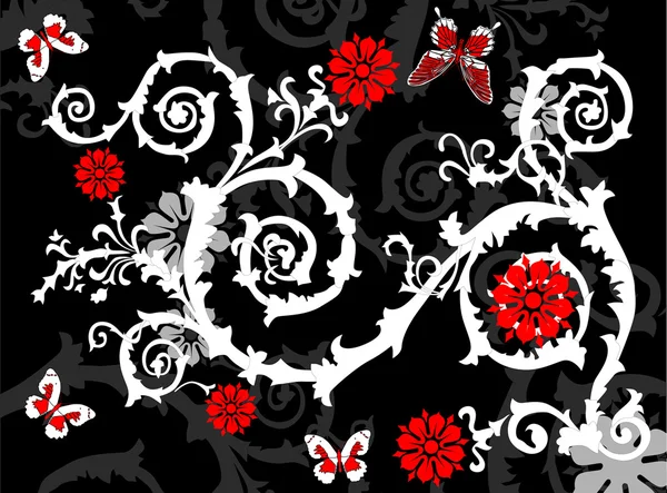 Ornement gris et papillons rouges — Image vectorielle