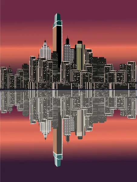 Reflecția orașului la apus — Vector de stoc