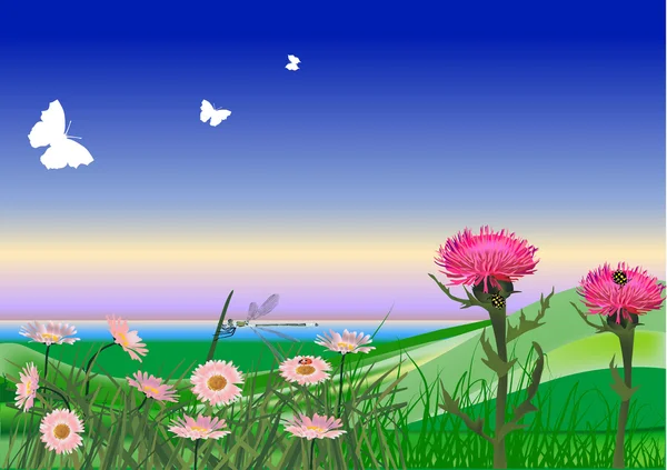 Verdes colinas y flores de color rosa ilustración — Vector de stock