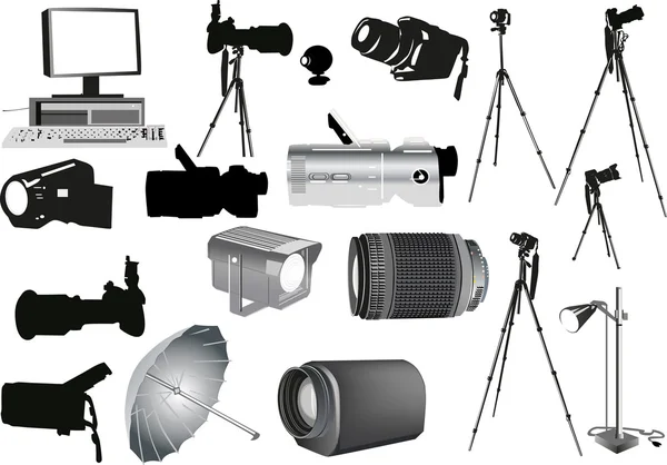 Conjunto de equipos fotográficos y de vídeo — Archivo Imágenes Vectoriales
