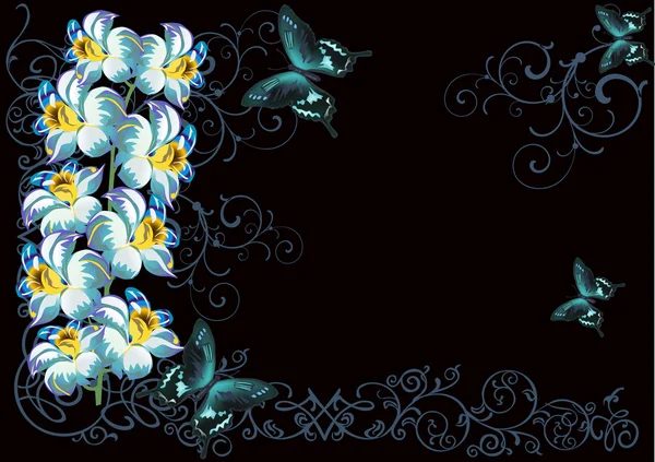 Ljus blå blommor med mörka fjärilar — Stock vektor
