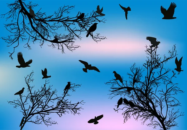 Ave voladora entre árboles ilustración — Vector de stock