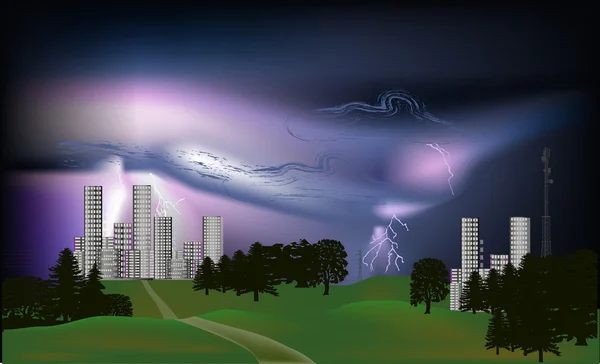 Night thunderstorm above city — Stock Vector