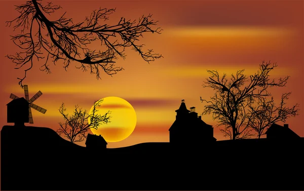 Arbres morts et moulin à vent au coucher du soleil — Image vectorielle