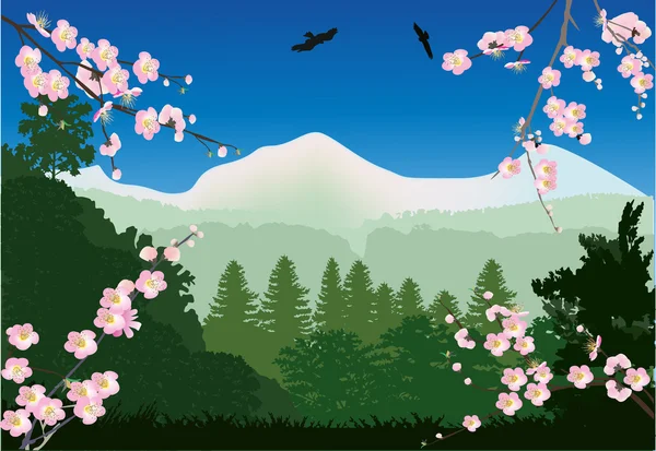 Körsbärsträd blommor och bergslandskap — Stock vektor