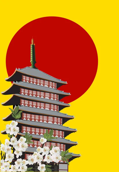 Pagoda v jarních květin na rudý západ slunce — Stockový vektor