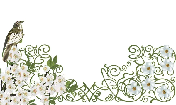 白い花と小さな鳥のイラスト — ストックベクタ