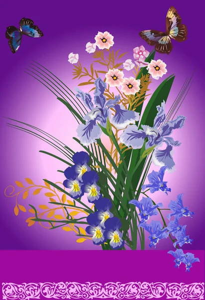 Schmetterlinge und Iris Bouquet auf fliederfarbenem Hintergrund — Stockvektor