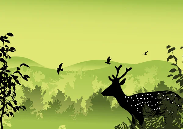 Yeşil orman yakınındaki tek geyik — Stok Vektör