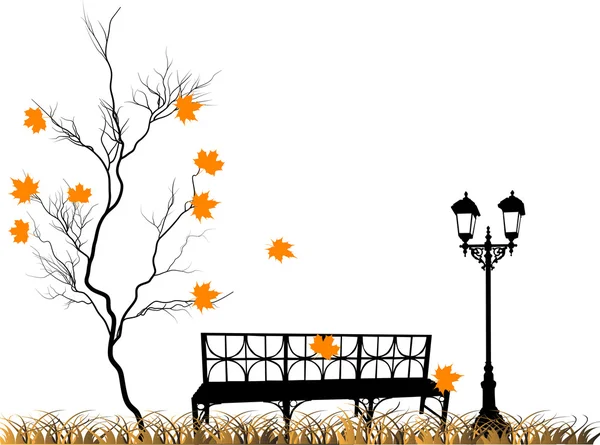 Isilated 橙色秋天枫叶和长凳 — 图库矢量图片
