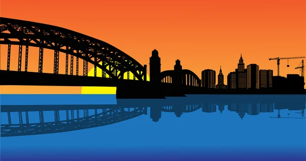Bridge to orange sunset in city — Stock Vector