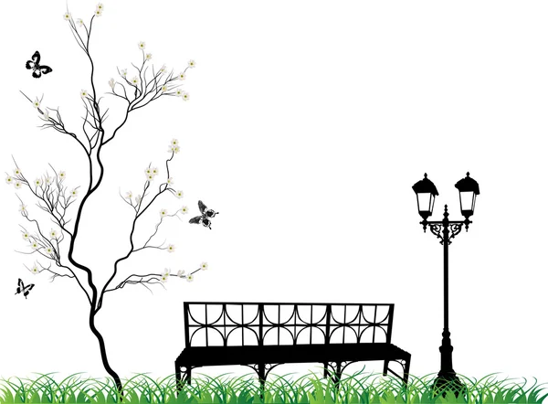 Beyaz kiraz ağacı çiçeği ve tezgah — Stok Vektör