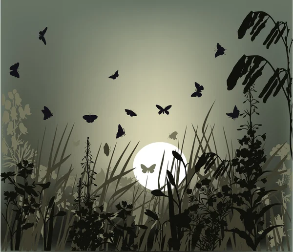 Ilustración con mariposas en hierba al atardecer — Archivo Imágenes Vectoriales
