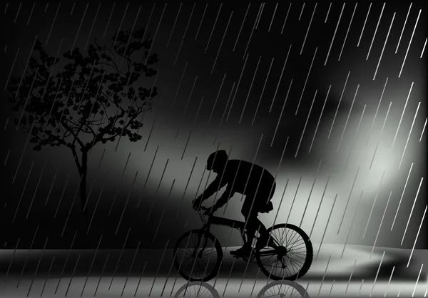 Silhouette ciclista all'aperto sotto la pioggia — Vettoriale Stock