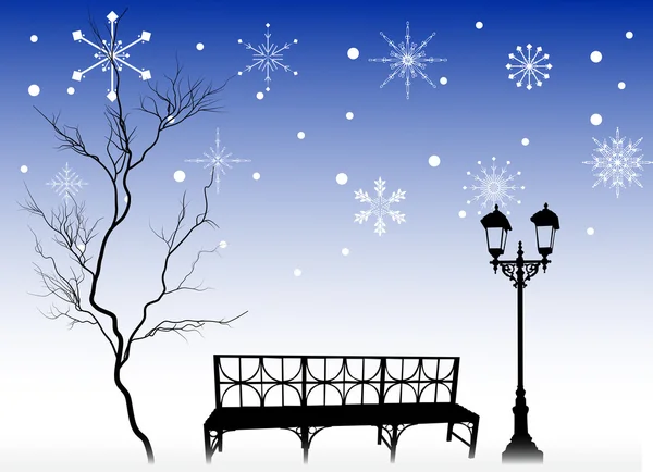 stock vector tree and bench under snowflakes