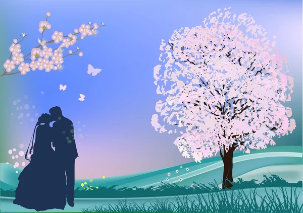 Bărbat și femeie lângă copac înflorit — Vector de stoc
