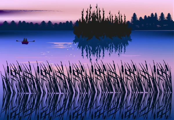 Kleine boot in forest lake illustratie — Stockvector
