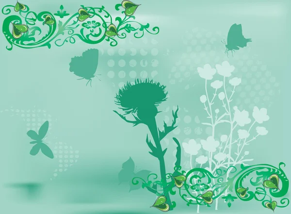 Green background with butterflies and flowers — Stock Vector