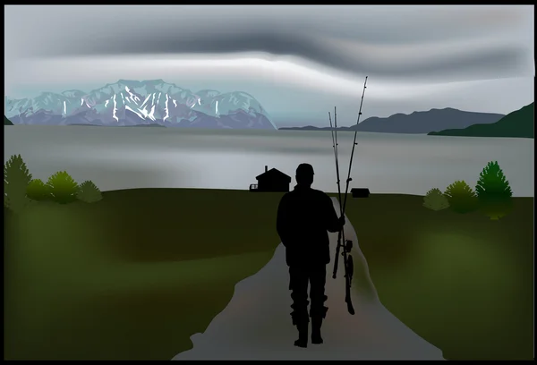 Pescatore che va al lago di montagna — Vettoriale Stock