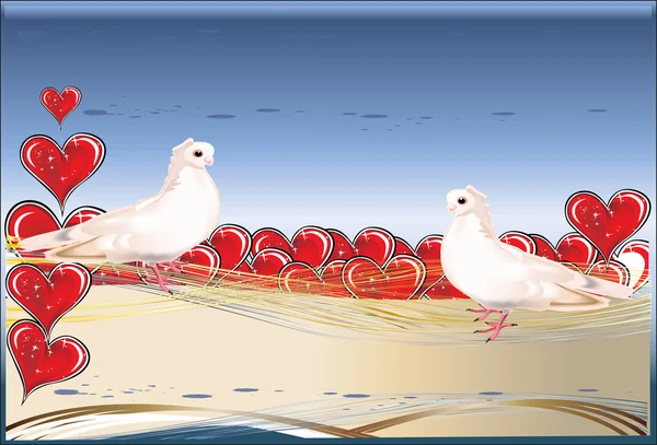Due colombe bianche e cuori rossi — Vettoriale Stock