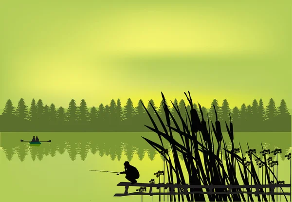 Рибалка біля зеленого лісового озера — стоковий вектор