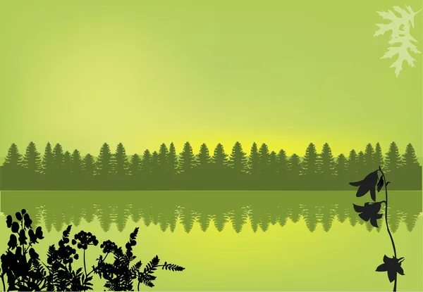 Paisaje verde con bosque cerca del lago — Vector de stock