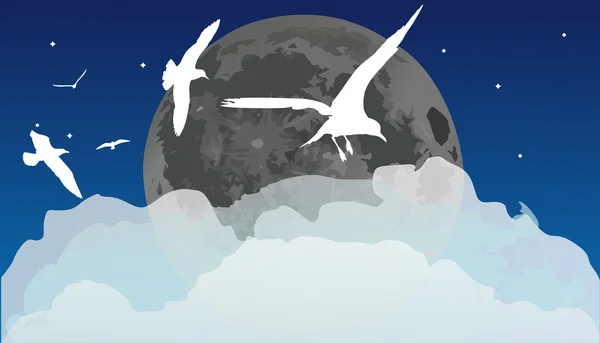 Meeuwen en maan in wolk hemel — Stockvector