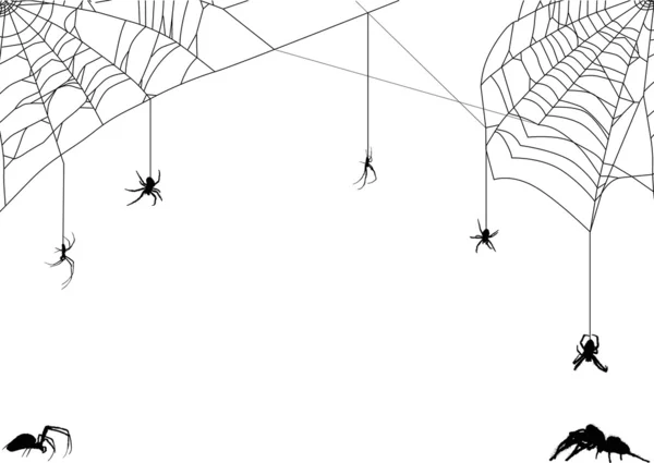 Seven spiders in web illustration — Stock Vector