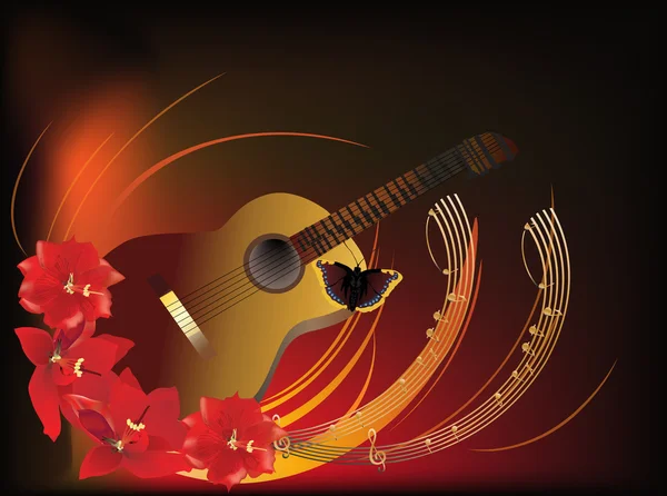 Гітара в червоних квітах лілії — стоковий вектор