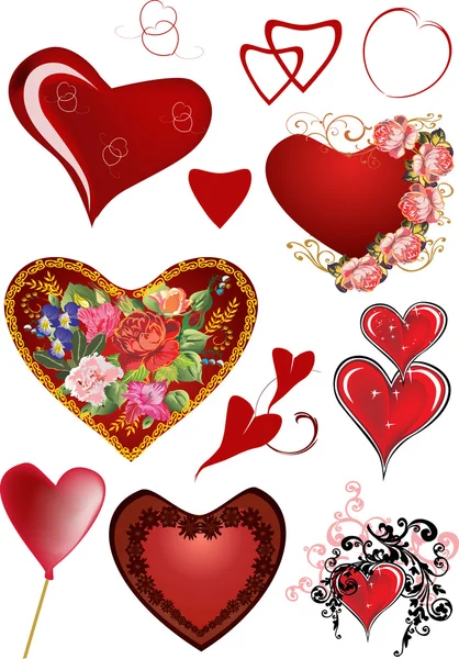 Conjunto de diferentes decoraciones corazones — Archivo Imágenes Vectoriales