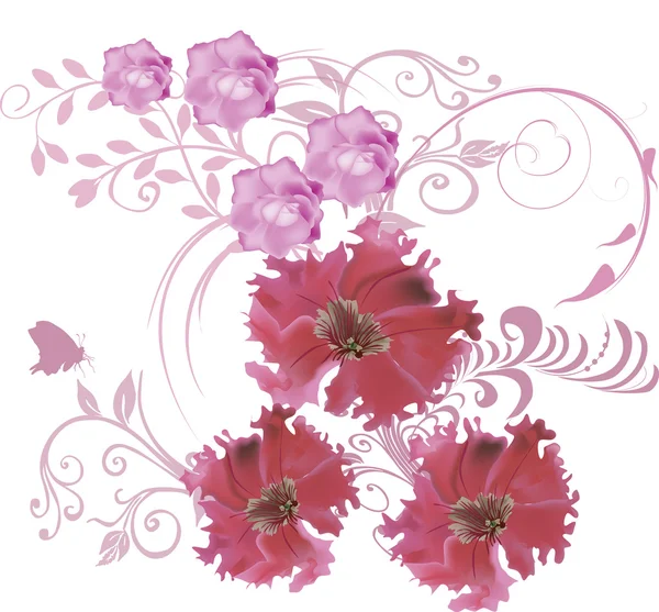 Três grandes flores rosa e borboleta pequena — Vetor de Stock