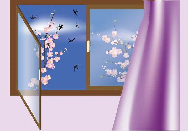 Pencere, kiraz ağacı çiçekler ve kuşlar — Stok Vektör
