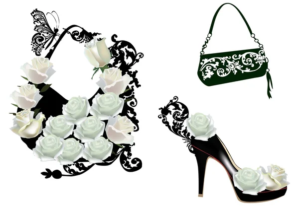 ハンドバッグと白のばら色の花の靴 — ストックベクタ