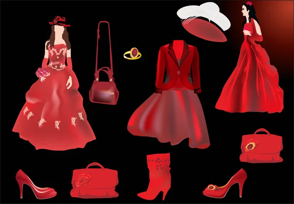 Kırmızı elbiseler ve aksesuarlar, kadın — Stok Vektör