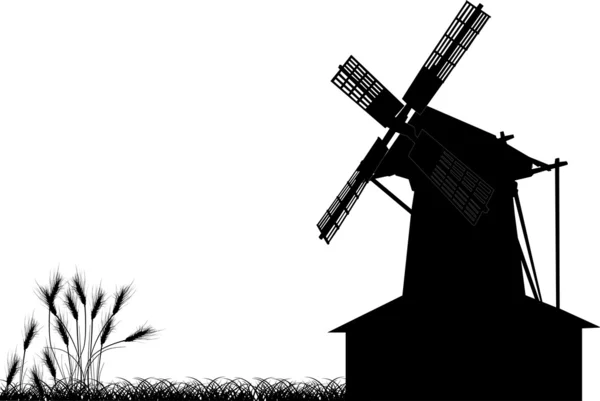 Buğday siluetleri üzerinde beyaz izole windmill yakınındaki — Stok Vektör