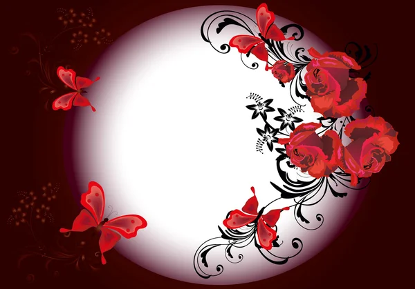 Rosas de color rojo brillante y cuatro mariposas — Vector de stock