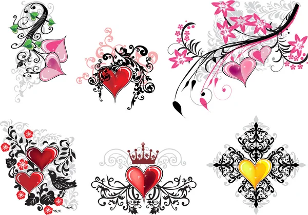 Collection of floral elements with hearts — Stock Vector