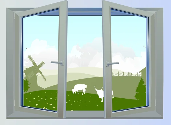 Country landscape through open window — Stock Vector