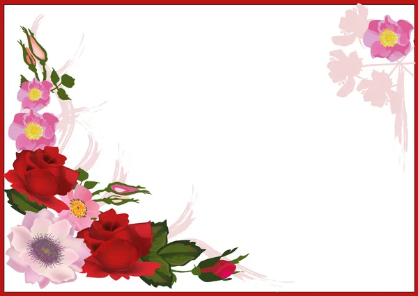 Rosa e brier flores em moldura vermelha —  Vetores de Stock