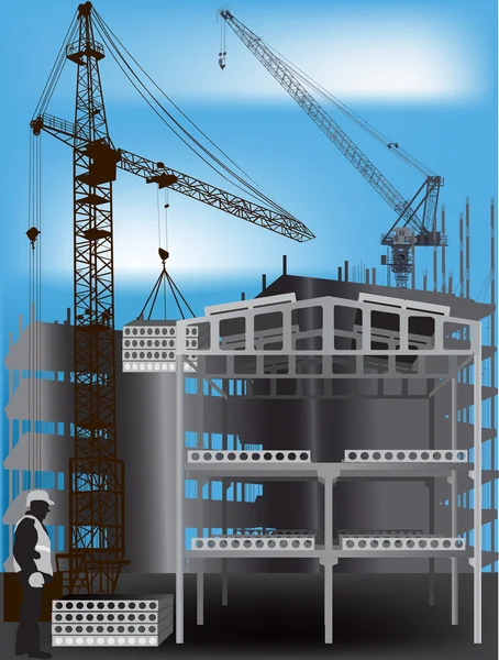 Constructor y morden edificio bajo el cielo azul — Archivo Imágenes Vectoriales