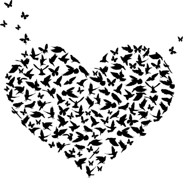 Symbol kształt serca z motyle i ptaki — Wektor stockowy