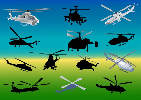 stock vector set of thirteen helicopters