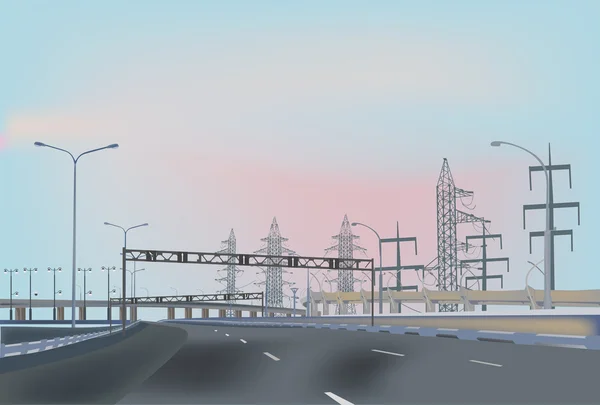 Autostrada vuota vicino ai tralicci elettrici — Vettoriale Stock